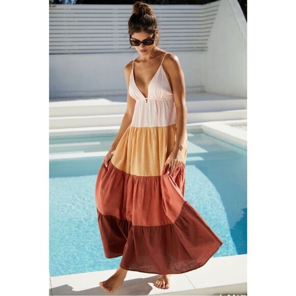 NEW Anthropologie The Raya Colorblock Tiered Tie Deep V-Neck Maxi Dress X-Large - Picture 2 of 8